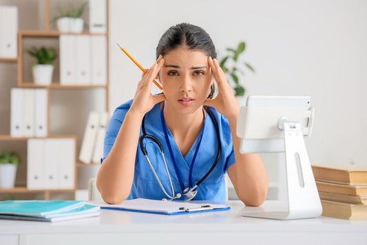 Stressed female healthcare worker in scrubs at desk with files, stethoscope, and tablet in clinic