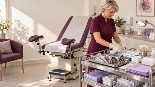 Clinician preparing a gynaecology examination trolley with speculums and procedure packs