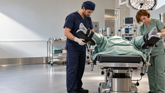 Patient positioned in lithotomy stirrups on an operating table in a UK theatre
