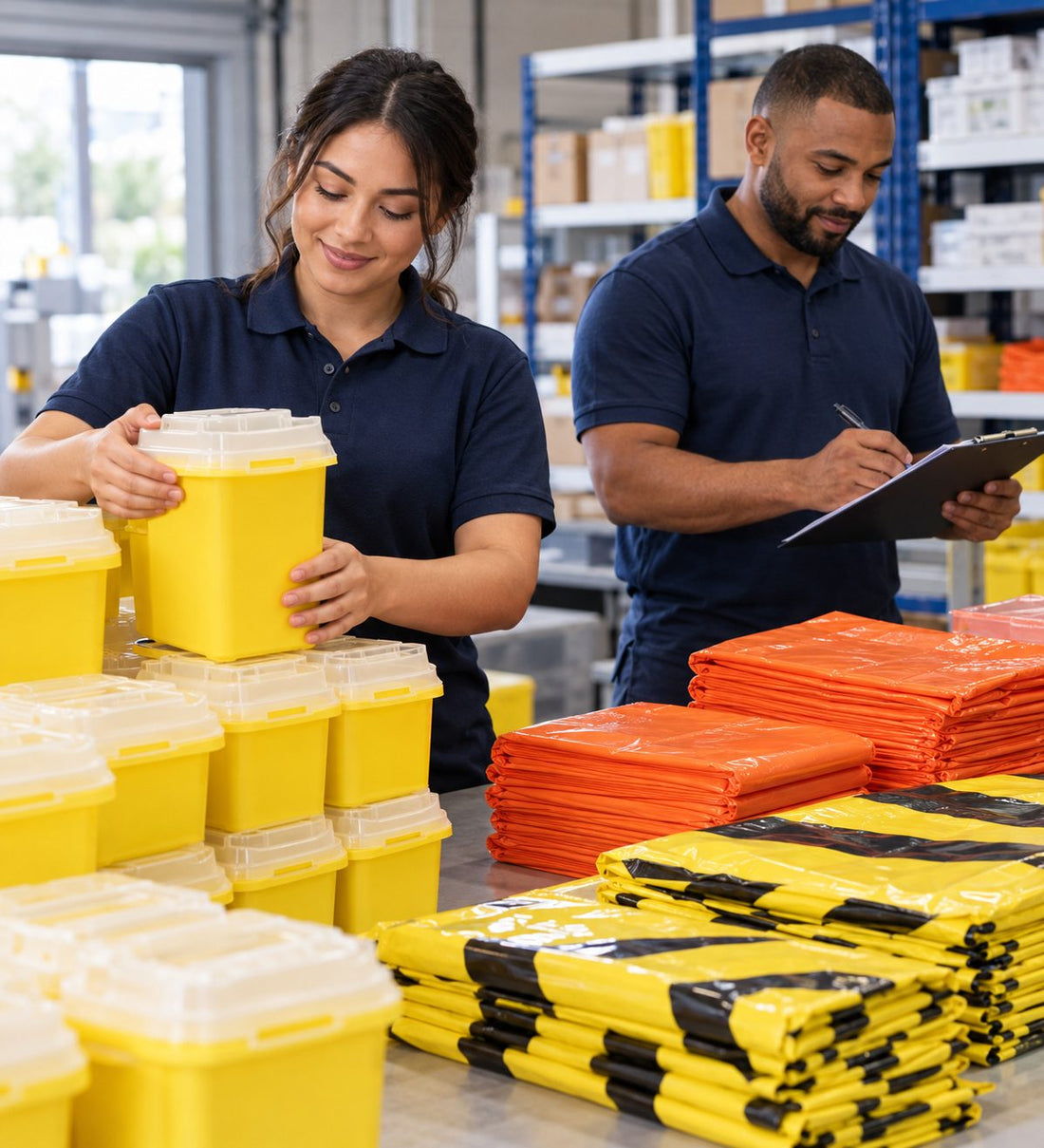 Colour-coded sharps bins and clinical waste bags