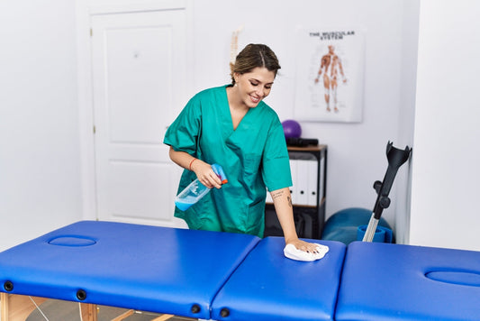 Healthcare worker cleaning a blue medical examination table in a clinic room