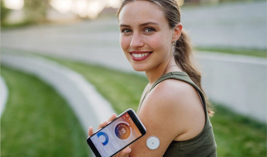 Woman outdoors using a glucose monitoring sensor and health tracking app on smartphone