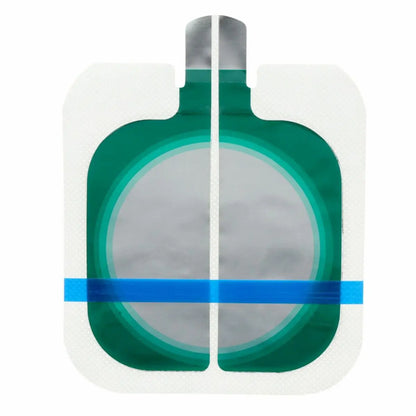 Universal electrosurgical split pad with green border and blue stripe, medical device