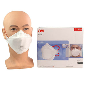 Box of 3M™ 1863+ Aura™ FFP3+IIR disposable healthcare respirators with headbands, shown with one mask worn on a head.