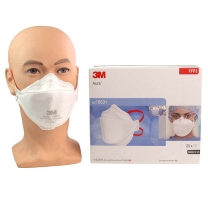 Box of 3M™ 1863+ Aura™ FFP3+IIR disposable healthcare respirators with headbands, shown with one mask worn on a head.