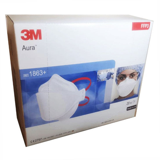 Box of 20 3M Aura 1863+ FFP3+IIR disposable healthcare respirators, protective masks with adjustable nose clip and headbands.