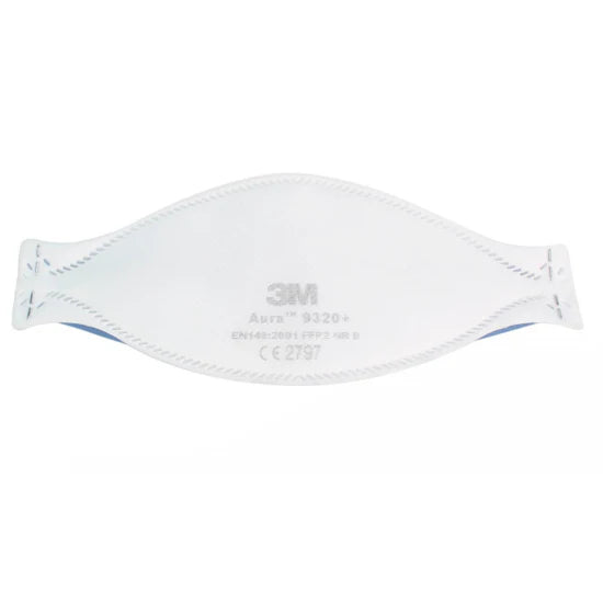 3M Aura 9320+ FFP2 unvalved respirator face mask showing white mask with adjustable nose clip and ear loops for respiratory protection.