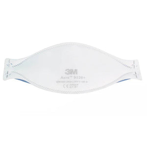 3M Aura 9320+ FFP2 unvalved respirator face mask showing white mask with adjustable nose clip and ear loops for respiratory protection.