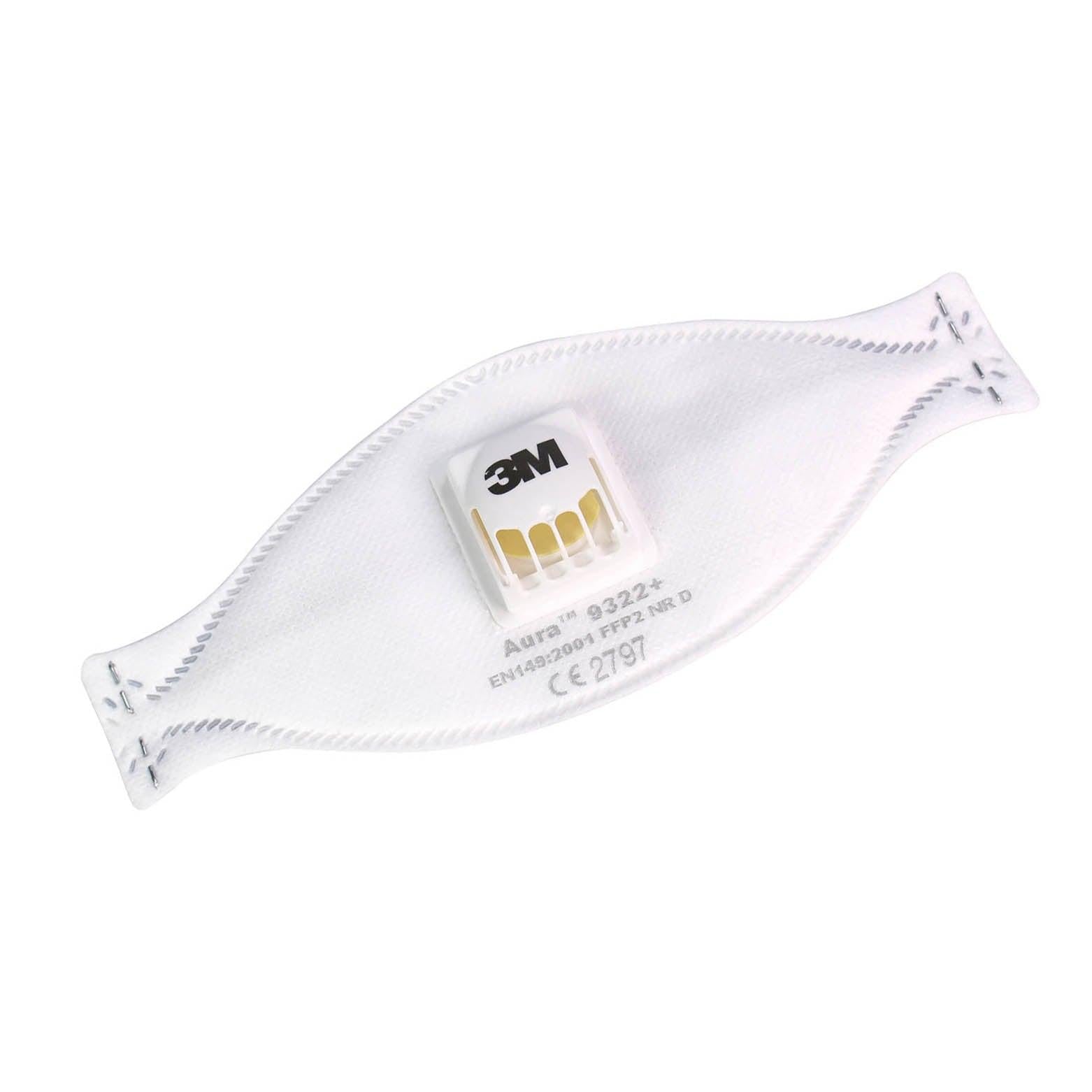 Box of 10 3M Aura FFP2 valved respirator face masks showing the mask with adjustable nose clip and ear loops.