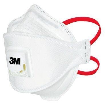 3M Aura FFP3 disposable healthcare respirator masks with valves, showing the protective seals and adjustable straps.