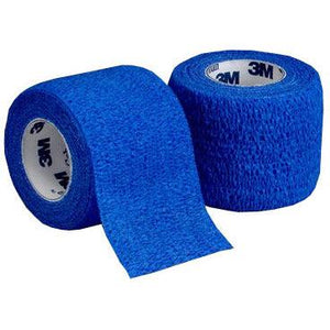 Blue 3M Coban self-adherent bandage, 7.5cm x 4.5m, shown rolled out and ready for wrapping wounds or injuries.