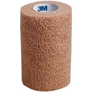 3M Coban self-adherent bandage in flesh color, 15cm x 4.5m, shown wound dressing and securing skin padding.