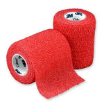 3M Coban self-adherent bandage in red, 7.5cm wide and 4.5m long, shown wrapped around a medical limb for secure support.