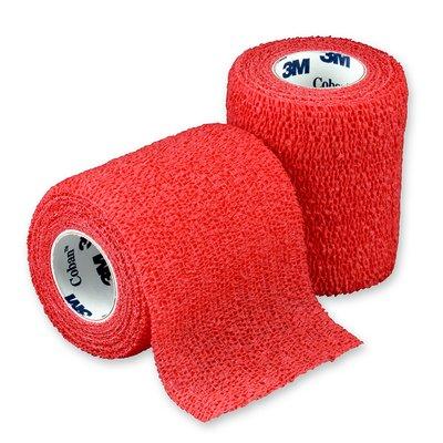 3M Coban self-adherent bandage in red, 7.5cm wide and 4.5m long, shown wrapped around a medical limb for secure support.