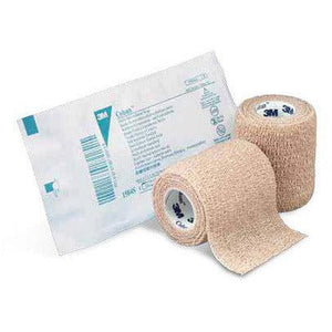 3M Coban self-adherent bandage in skin tone, 2.5cm x 4.5m, shown wrapped around a finger for support and compression.