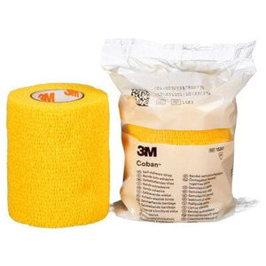 3M Coban self-adherent bandage in yellow, 7.5cm x 4.5m, shown unwrapped with flexible, stretchy fabric for secure wound support