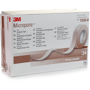 3M Micropore skin tone surgical tape, 1.25cm x 9.14m, showing the flexible, breathable tape on a white background.