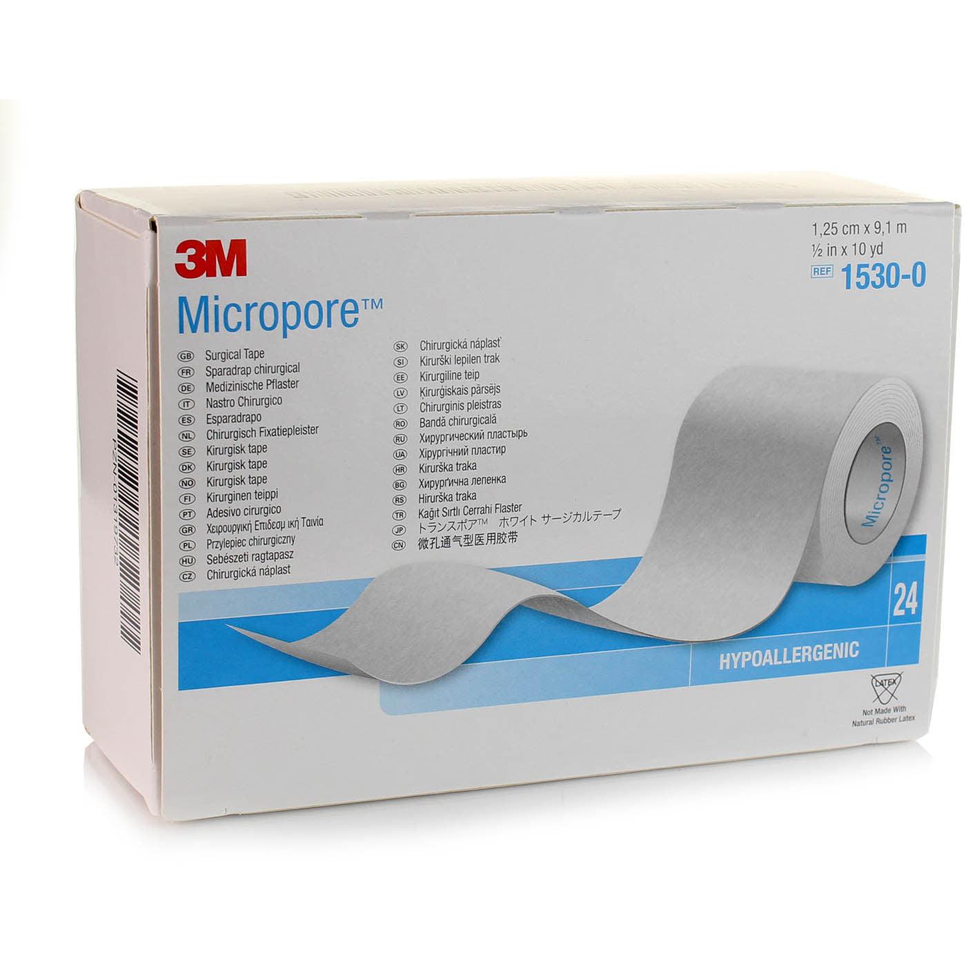 3M Micropore surgical tape 1.25cm x 9.14m, breathable adhesive tape for medical use, shown in the image.