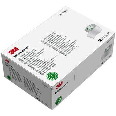 Box of 12 3M Micropore Surgical Tape rolls, 2.5cm x 9.14m, lightweight hypoallergenic medical adhesive tape for wound care.