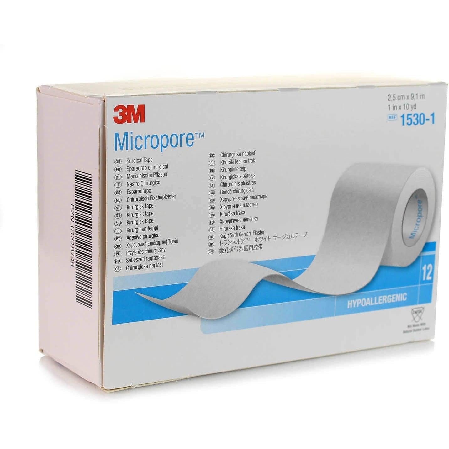 3M Micropore surgical tape 2.5cm x 9.14m, lightweight medical adhesive tape for wound care and skin protection.
