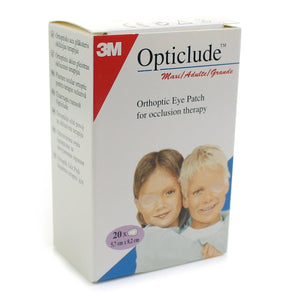 Box of 20 3M Opticlude Standard Orthoptic Eye Patches for eye therapy, shown in sealed packaging.