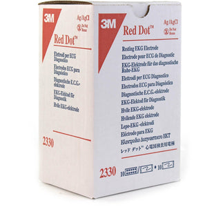 Set of 500 3M Red Dot ECG diagnostic electrodes for medical monitoring, showing adhesive pads and lead connectors.