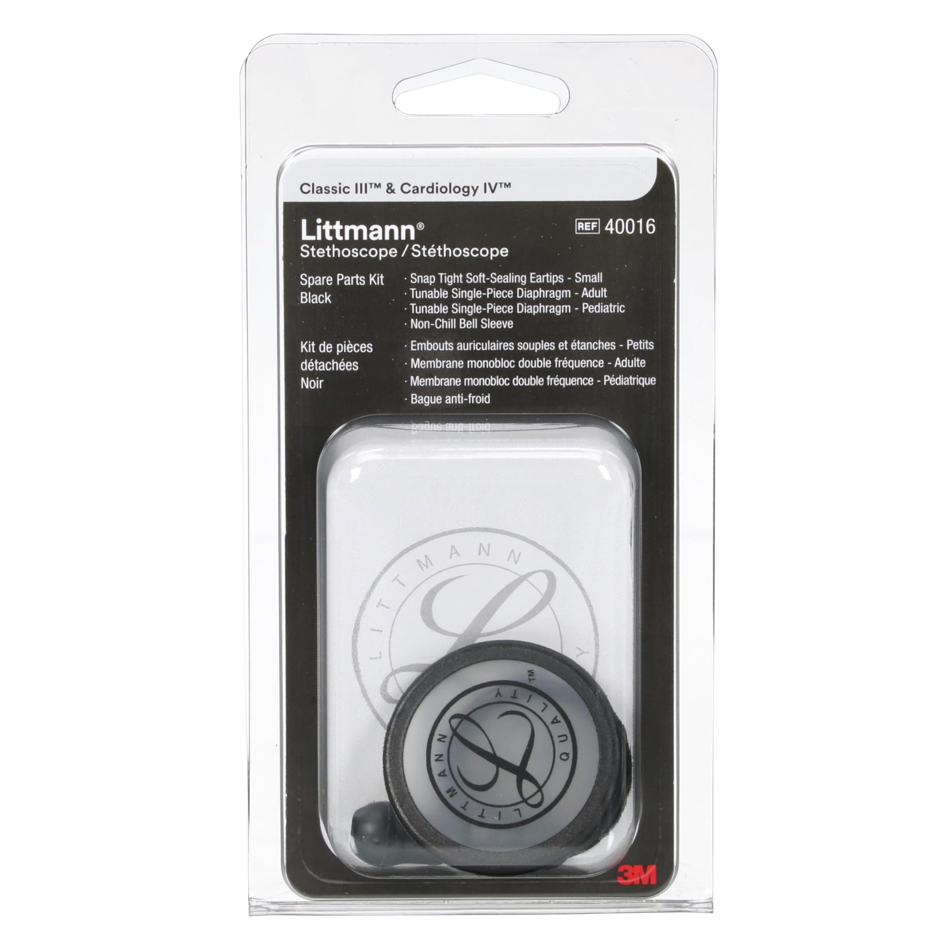 3M Littmann stethoscope spare parts kit in black, compatible with Classic III, Cardiology IV, and CORE models, includes tubing and accessories.