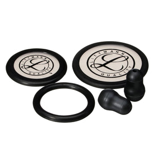 Black 3M Littmann stethoscope spare parts kit for Classic III, Cardiology IV, and CORE models with various replacement components.