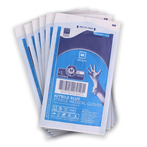 Pair of large blue sterile nitrile gloves by 3S Healthcare, showing the textured surface and fitted design.