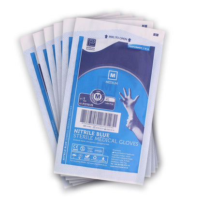 Pair of large blue sterile nitrile gloves by 3S Healthcare, showing the textured surface and fitted design.