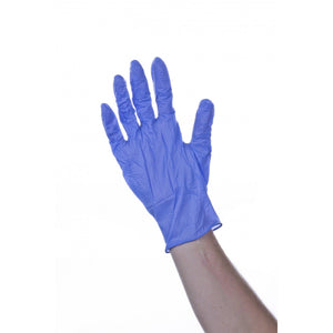 Pair of large blue sterile nitrile gloves from 3S Healthcare, showing the textured surface and snug fit for medical use.
