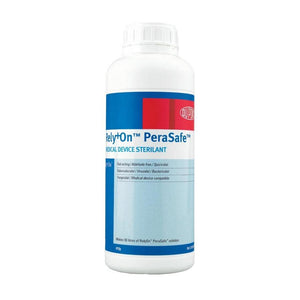 3S Healthcare Rely+On PeraSafe instrument sterilant 810g bottle, clear label and safety cap, used for sterilization in medical settings.