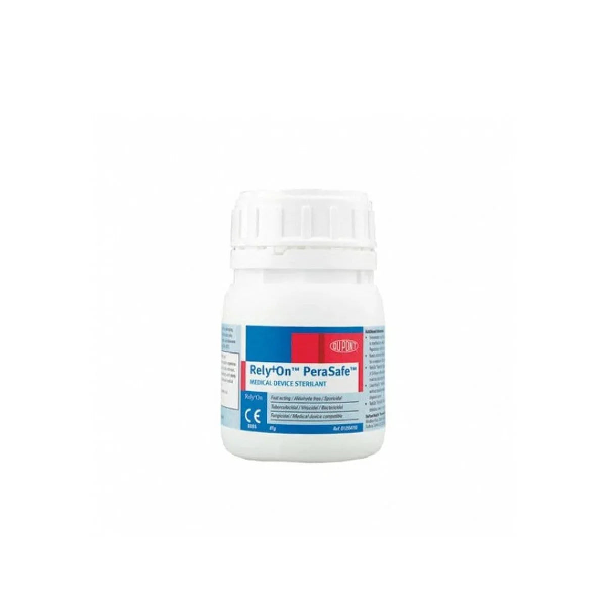 3S Healthcare Rely+On PeraSafe sterilising solution in 81g powder container, used for disinfecting medical instruments.