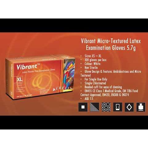 Aurelia Vibrant 100 Micro Textured Latex Examination Gloves 5.7g - Powder-Free - Small (100)