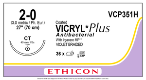 Coated Vicryl Plus Antibacterial Suture, 2-0, Violet 1 x 27" CT - Box of 36