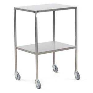 Bristol Maid 600mm stainless steel dressing trolley with two fixed shelves and down turned sides on four castors