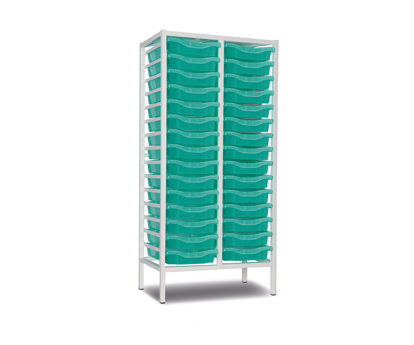 30-Tray Tall Double Column Static Metal Storage Frame with Aqua Green Trays - W710 x D430 x H1495mm (45kg)