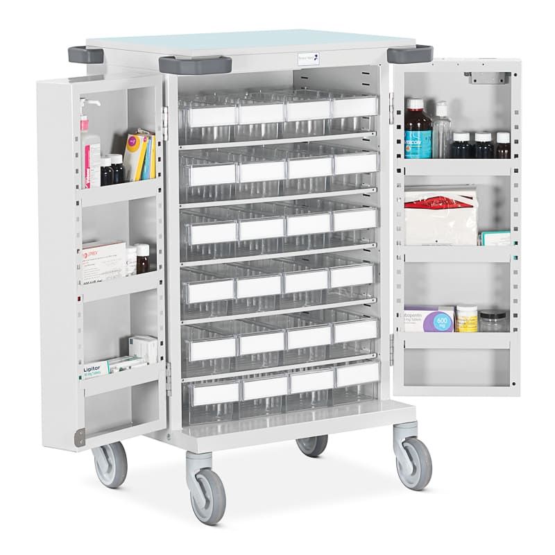 Bristol Maid double door pharmacy trolley with high security bolt lock and 24 LP trays