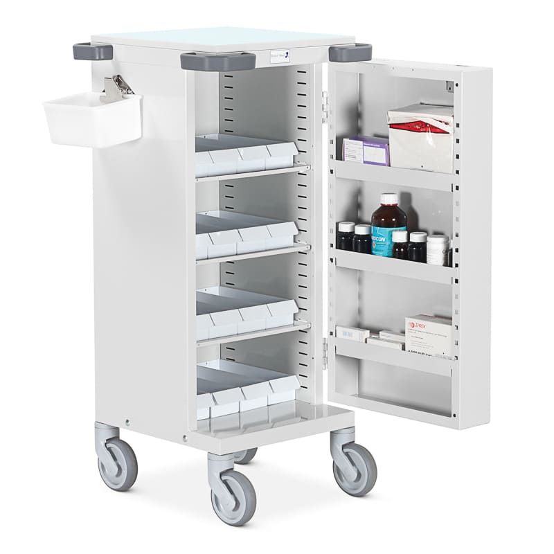 Bristol Maid single door pharmacy trolley with high security bolt lock and 16 LA trays