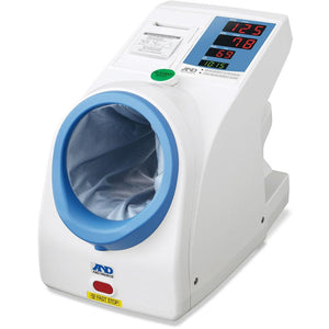 A&D Medical TM-2657P upper arm blood pressure monitor designed for waiting rooms, with a digital display and cuff.