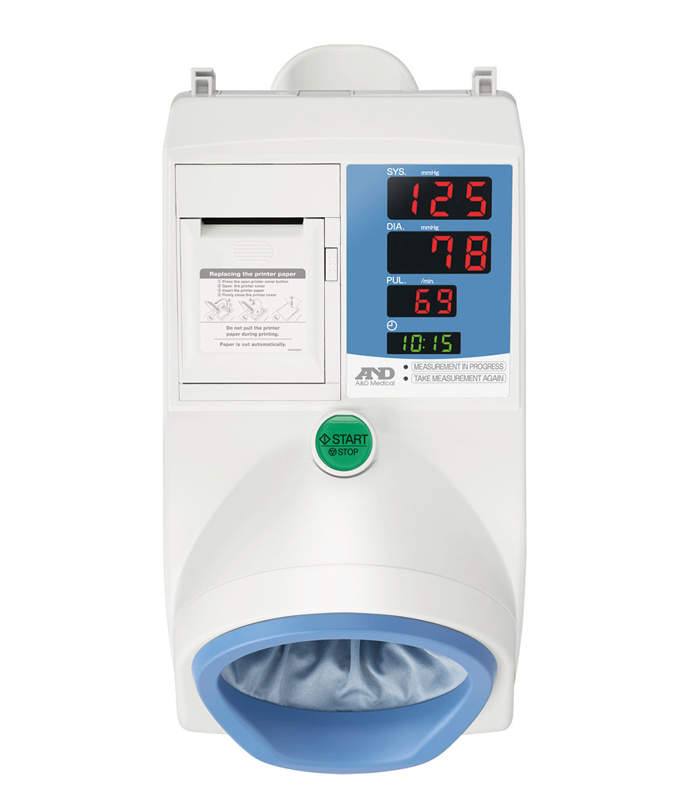 A&D Medical TM-2657P upper arm blood pressure monitor with digital display and cuff, designed for waiting room use.