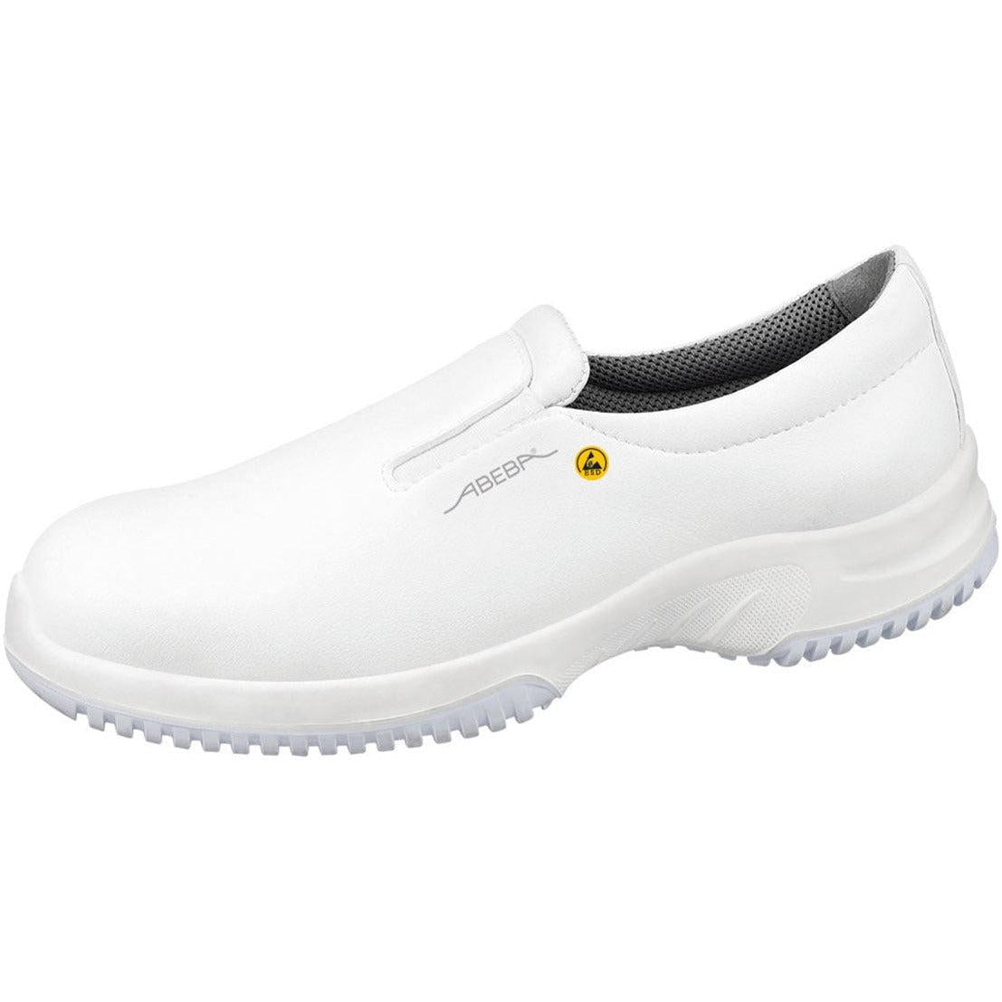 White Abeba Uni6 microfibre slip-on occupational shoes with a sleek, comfortable design suitable for workplace safety.
