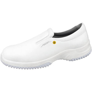 White Abeba Uni6 microfibre slip-on occupational shoes with a sleek, comfortable design suitable for workplace safety.