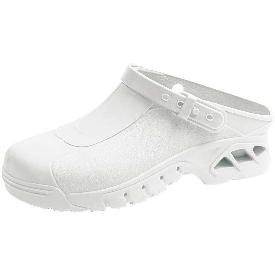 White Abeba autoclavable clog shoes with slip-on design and durable, easy-to-clean material for healthcare or foodservice use.