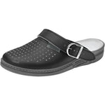 Abeba Original perforated black leather clog shoes with smooth finish and sturdy sole.