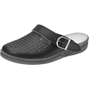 Abeba Original perforated black leather clog shoes with smooth finish and sturdy sole.