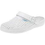 Abeba Original white leather perforated clog shoes with a chunky heel and open back, stylish and comfortable footwear.