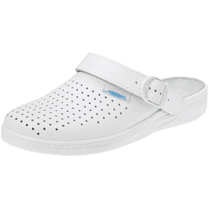 Abeba Original white leather perforated clog shoes with a chunky heel and open back, stylish and comfortable footwear.