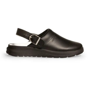 Black leather Abeba Original Smooth Clog shoes with a rounded toe and slip-on design, size 47.