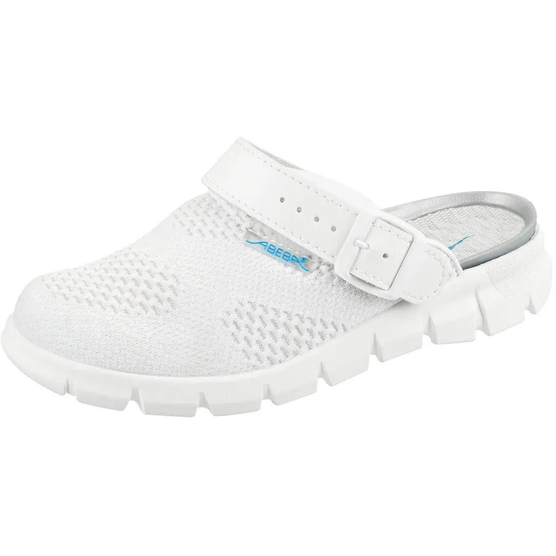 White knitted textile occupational shoes Dynamic Clog by Abeba, featuring a comfortable, supportive design for workplace safety.